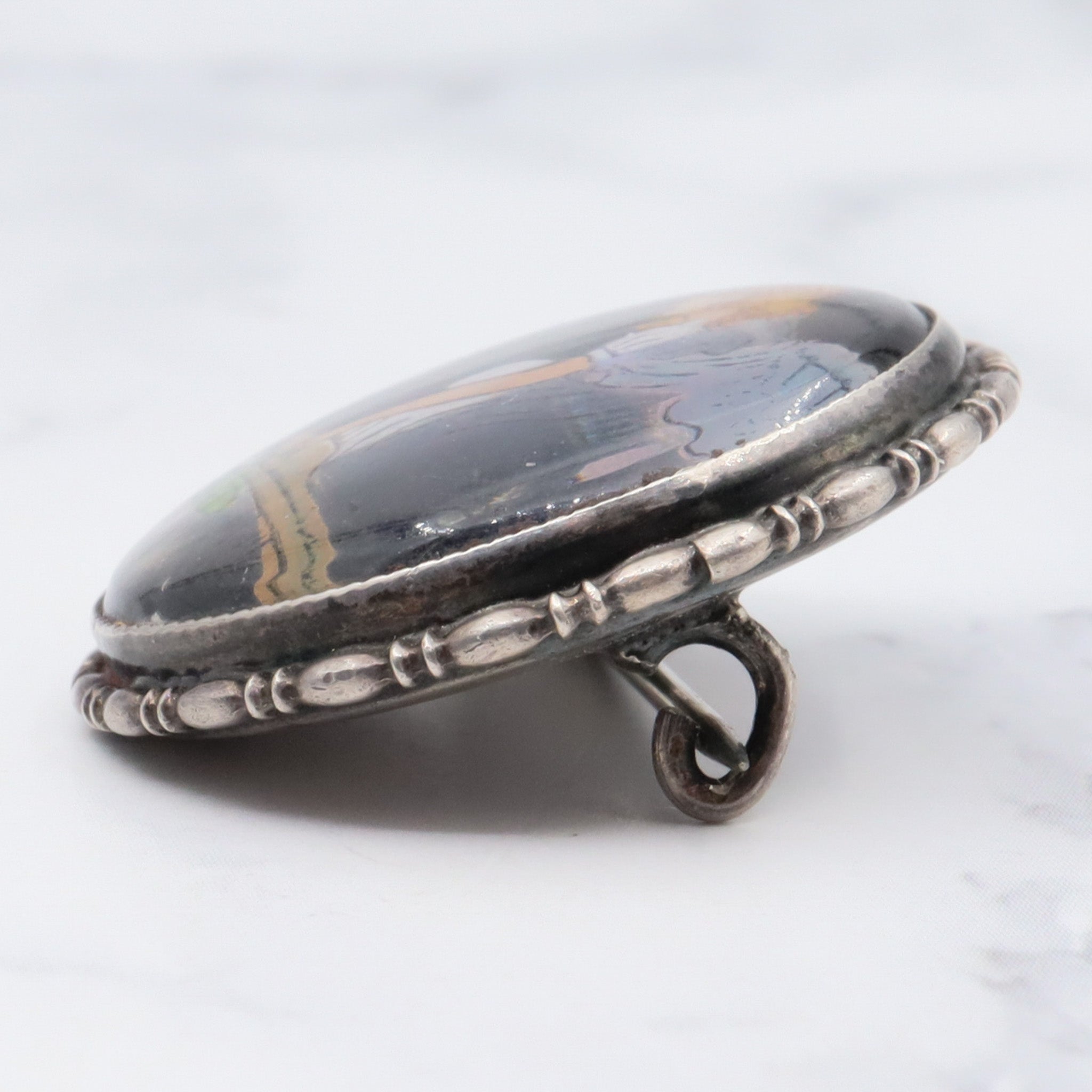 Rare 1924 English sterling silver reverse hand painted girl by river on morpho butterfly wing pin/ brooch